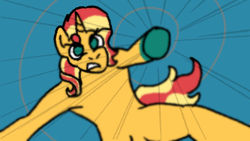 Size: 640x360 | Tagged: safe, artist:zoeyhorse, derpibooru import, sunset shimmer, pony, unicorn, g4, blue background, colored hooves, female, frown, furrowed brow, gritted teeth, hooves, horn, looking at you, mare, no pupils, simple background, solo, teeth, underhoof