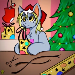 Size: 2560x2560 | Tagged: safe, artist:namelessplaza, derpibooru import, derpy hooves, pegasus, pony, semi-anthro, g4, candy, christmas, christmas sock, christmas tree, food, hat, holiday, indoors, present, scissors, solo, tree