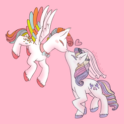 Size: 2048x2048 | Tagged: safe, artist:brightpinkink, derpibooru import, confetti (g1), earth pony, pegasus, pony, g1, g2, boop, bowtie, bride, dainty dove (g2), duo, duo female, eyes closed, female, floating heart, flying, generational ponidox, heart, lesbian, mare, noseboop, pink background, race swap, raised hoof, raised leg, ship:paper birds, signature, simple background, spread wings, tail, unshorn fetlocks, veil, wedding veil, wings