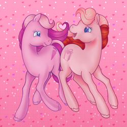 Size: 2000x2000 | Tagged: safe, artist:lezzlesdrawsponies, derpibooru import, earth pony, pony, g2, cupcake (g2), duo, duo female, female, heart, heart background, holiday, honey (g2), lesbian, looking at each other, looking at someone, mare, open mouth, open smile, shipping, smiling, starry eyes, unshorn fetlocks, valentine's day, wingding eyes