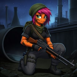 Size: 1024x1024 | Tagged: safe, ai content, derpibooru import, machine learning generated, babs seed, anthro, earth pony, plantigrade anthro, series:g.i. pony: a real equestrian hero, g4, backpack, bandana, bandolier, beanie, camo paint, clothes, cosplay, costume, fingerless gloves, g.i. joe, generator:google imagen 3.0, gloves, gun, hat, industrial, kneeling, machine gun, military uniform, night, night force, outdoors, prompter:zerowinger, solo, tunnel rat, uniform, weapon