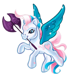 Size: 450x450 | Tagged: safe, artist:lezzlesdrawsponies, derpibooru import, star catcher, pegasus, pony, g3, axe, battle axe, female, flying, mare, mouth hold, simple background, solo, spread wings, tail, transparent background, weapon, wings