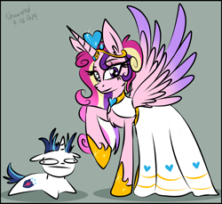 Size: 1180x1080 | Tagged: safe, artist:showa1901, derpibooru import, princess cadance, shining armor, alicorn, pony, unicorn, g4, clothes, dress, duo, female, gray background, horn, male, mare, meme, shiningcadance, shipping, signature, simple background, size difference, stallion, straight, the bride and the ugly ass groom, toy interpretation, wedding dress