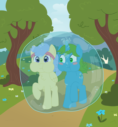 Size: 2800x3000 | Tagged: safe, artist:whowantsapizza, derpibooru import, oc, oc only, oc:balance blade, oc:dew splash, pegasus, unicorn, g4, blushing, bubble, casual, detailed background, distracted, horn, park, puffy cheeks, show accurate, submerged, underwater, walking, water