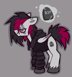 Size: 2028x2152 | Tagged: safe, artist:catponything, derpibooru import, oc, oc only, oc:somber poet, pegasus, pony, g4, bags under eyes, clothes, crying, ear piercing, emo, emo hair, eyeliner, folded wings, frown, hoodie, lidded eyes, makeup, male, nose piercing, piercing, running makeup, septum piercing, solo, stallion, wings