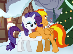 Size: 1397x1032 | Tagged: safe, artist:star-armour95, derpibooru import, rarity, oc, oc:firey ratchet, pegasus, pony, unicorn, g4, christmas, christmas tree, female, hearth's warming, holiday, horn, male, mare, snow, stallion, tree, winter