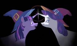 Size: 2000x1200 | Tagged: safe, artist:universalheart, derpibooru import, rarity, twilight sparkle, unicorn twilight, pony, unicorn, g4, black background, duo, female, hat, horn, horns are touching, lesbian, looking at each other, looking at someone, rarilight, shipping, simple background, witch hat