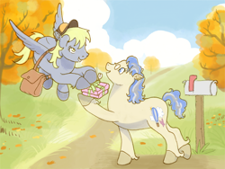 Size: 2048x1536 | Tagged: safe, artist:universalheart, derpibooru import, derpy hooves, oc, oc:merriweather, earth pony, pony, g4, bag, birthday, duo, duo female, earth pony oc, female, mailbag, mailbox, package, tree