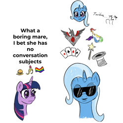 Size: 1059x1065 | Tagged: safe, artist:ligmire, derpibooru import, trixie, twilight sparkle, unicorn, g4, alicorn amulet, burger, element of magic, food, hay burger, horn, meme, playing card, pride, pride flag, sunglasses