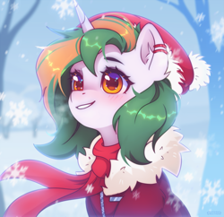 Size: 2587x2500 | Tagged: safe, artist:blooming-heather, artist:radioaxi, derpibooru import, oc, oc only, pony, unicorn, blushing, bust, clothes, grin, hat, high res, horn, jacket, looking up, scarf, sitting, smiling, snow, solo, winter outfit