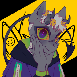 Size: 1920x1920 | Tagged: safe, artist:akilashitu, derpibooru import, oc, oc only, anthro, demon, demon pony, clothes, hoodie, looking at you, smiley face, smiling, solo, squatting