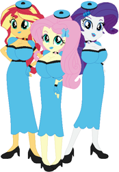 Size: 417x599 | Tagged: safe, artist:sturk-fontaine, derpibooru import, fluttershy, rarity, sunset shimmer, human, fanfic:her way with words, equestria girls, g4, base used, beret, blue lipstick, breasts, choker, clothes, dress, female, geode of empathy, geode of fauna, geode of shielding, hat, hootershy, latex, latex dress, lipstick, magical geodes, raritits, simple background, sunset jiggler, trio, trio female, white background