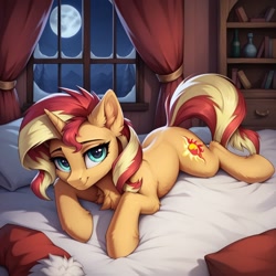 Size: 1024x1024 | Tagged: safe, ai content, derpibooru import, machine learning generated, sunset shimmer, pony, unicorn, g4, bed, bookshelf, chest fluff, christmas, ear fluff, ears, female, full moon, generator:autismmix pony, hat, holiday, horn, indoors, lying down, mare, moon, prompter:thelight3d, santa hat, snow, solo, window, winter