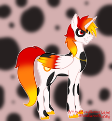 Size: 1033x1111 | Tagged: safe, artist:azira faerinx, derpibooru import, oc, oc only, alicorn, g4, colored, colored hooves, colored wings, fire, gift art, gradient mane, gradient tail, gradient wings, hoof fluff, hooves, jewelry, male, multicolored hair, multicolored mane, multicolored wings, necklace, smiling, solo, spikey mane, spots, stallion, standing, tail, white coat, wings, yellow hooves