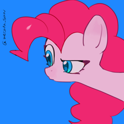 Size: 4096x4096 | Tagged: safe, artist:metaruscarlet, derpibooru import, pinkie pie, earth pony, pony, g4, blue background, doubt, simple background, solo