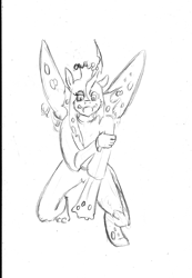 Size: 1063x1537 | Tagged: safe, artist:maxsilverfox, derpibooru import, changeling, changeling queen, human, human to changeling, sketch, solo, spread wings, traditional art, transformation, wings