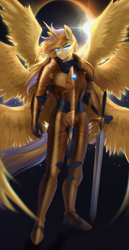 Size: 2027x3941 | Tagged: safe, artist:u_lu_lu, derpibooru import, oc, oc only, oc:blazing sun, alicorn, anthro, plantigrade anthro, seraph, seraphicorn, alicorn oc, anthro oc, armor, breastplate, clothes, cuisse, gloves, greaves, looking at you, male, multiple wings, pauldron, plate armor, sabaton (armor), solar eclipse, stallion, standing, sword, transformation, vambrace, weapon