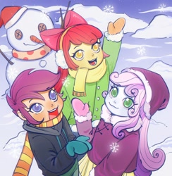 Size: 1972x2021 | Tagged: safe, artist:nimingxiwang168, derpibooru import, apple bloom, scootaloo, sweetie belle, human, equestria girls, g4, :d, adorabloom, carrot, christmas, clothes, cute, cutealoo, cutie mark crusaders, diasweetes, earmuffs, female, food, gloves, hand up, hat, holiday, hood down, hoodie, long sleeves, open mouth, open smile, outdoors, pants, santa hat, sassabloom, sassasweetes, scarf, scootasass, skirt, smiling, snow, snowman, winter coat, winter outfit