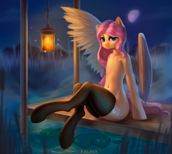 Size: 2000x1788 | Tagged: safe, alternate version, artist:falses, derpibooru import, fluttershy, firefly (insect), fly, insect, pegasus, pony, semi-anthro, g4, adorasexy, bedroom eyes, belly, blushing, clothes, collarbone, complex background, cute, digital art, eyelashes, eyes open, fog, humanoid torso, lake, lamp, lantern, legs, legs in air, legs together, legwear, lidded eyes, lilypad, looking at you, moon, night, one wing out, outdoors, pier, raised leg, reeds, ribcage, sexy, shyabetes, sitting, smiling, smiling at you, socks, solo, stars, stockings, sultry pose, thigh highs, thighs, water, wide hips, wings