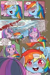 Size: 960x1440 | Tagged: safe, artist:cold-blooded-twilight, derpibooru import, edit, rainbow dash, twilight sparkle, unicorn twilight, pegasus, pony, unicorn, comic:cold storm (ru), g4, adorkable, blushing, blushing profusely, clothes, cold blooded twilight, comic, cute, dashabetes, dialogue, dock, dork, drool, embarrassed, eyes closed, flustered, glowing, glowing eyes, happy, heart, horn, hug, leggings, looking at each other, looking at someone, looking up, lore, raised tail, shivering, tail, translation, translator:agent00k0t