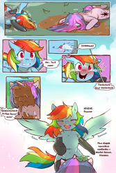 Size: 960x1440 | Tagged: safe, artist:cold-blooded-twilight, derpibooru import, edit, rainbow dash, twilight sparkle, unicorn twilight, pegasus, pony, unicorn, comic:cold storm (ru), friendship is magic, g4, blushing, chest fluff, clothes, cloud, cold blooded twilight, comic, dialogue, eyes closed, faceplant, female, horn, latex, latex socks, laughing, lesbian, looking at each other, looking at someone, mud, mud mask, my little pony: friendship is magic, onomatopoeia, pain, rainbow trail, raspberry, raspberry noise, reaching, shipping, smiling, socks, speech bubble, spread wings, stockings, thigh highs, translation, translator:agent00k0t, twidash, wings