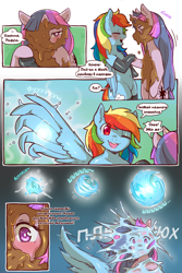 Size: 960x1440 | Tagged: safe, artist:cold-blooded-twilight, derpibooru import, edit, rainbow dash, twilight sparkle, unicorn twilight, pegasus, pony, semi-anthro, unicorn, comic:cold storm (ru), friendship is magic, g4, arm hooves, bipedal, blushing, chest fluff, clothes, cold blooded twilight, comic, condensation, dialogue, female, holding, holding hooves, horn, latex, latex socks, laughing, lesbian, looking at each other, looking at someone, magic, mud, mud mask, my little pony: friendship is magic, one eye closed, one eye covered, pegasus magic, shipping, smiling, socks, speech bubble, splashing, spread wings, stockings, thigh highs, translation, translator:agent00k0t, twidash, wet, wings, wink