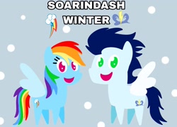 Size: 3485x2498 | Tagged: safe, anonymous artist, derpibooru exclusive, derpibooru import, rainbow dash, soarin', pegasus, pony, series:soarindash all seasons, series:soarindash winter, g4, female, looking at you, male, mare, pointy ponies, shipping, smiling, smiling at you, snow, snowflake, soarindash, stallion, straight, text