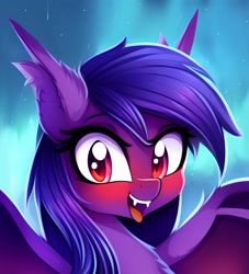 Size: 2163x2385 | Tagged: safe, ai content, derpibooru import, editor:dacaoo, machine learning generated, oc, oc only, oc:sliwka, bat pony, pony, bat pony oc, blushing, ear fluff, ears, fangs, female, female oc, looking at you, mare, mare oc, open mouth, prompter:ramprover, simple background, solo, spread wings, wings