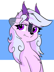 Size: 3000x4000 | Tagged: safe, artist:riley_draws_, derpibooru import, oc, oc only, oc:glacie, kirin, chest fluff, fangs, female, kirin oc, pink coat, purple eyes, smiling, solo, two toned background