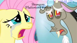 Size: 336x188 | Tagged: safe, derpibooru import, edit, edited screencap, screencap, discord, fluttershy, g4, the return of harmony, crying, ice, implied discoshy, implied shipping, implied straight, link, my little pony: friendship is magic, puppy dog eyes, song