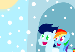 Size: 3536x2446 | Tagged: safe, anonymous artist, derpibooru exclusive, derpibooru import, rainbow dash, soarin', pegasus, pony, series:soarindash all seasons, series:soarindash winter, female, male, mare, pointy ponies, shipping, snow, snowflake, soarindash, stallion, straight