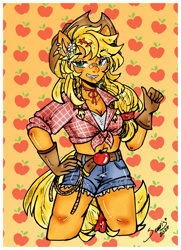 Size: 2567x3542 | Tagged: safe, artist:seuris1, derpibooru import, applejack, anthro, earth pony, g4, bandaid, bandaid on nose, body freckles, breasts, cleavage, clothes, daisy dukes, denim, denim shorts, eyebrows, eyebrows visible through hair, freckles, grin, hand on hip, human facial structure, midriff, shorts, smiling, solo, straw in mouth, thumbs up