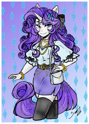 Size: 2500x3450 | Tagged: safe, artist:seuris1, derpibooru import, rarity, anthro, unicorn, g4, bracelet, eye clipping through hair, female, hand on hip, horn, human facial structure, jewelry, purse, signature, smiling, solo