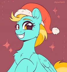 Size: 1825x1962 | Tagged: safe, artist:skysorbett, derpibooru import, lightning dust, pegasus, pony, g4, adorable face, christmas, cute, dustabetes, hat, holiday, looking at you, my little pony: friendship is magic, santa hat, signature, simple background, smiling, smiling at you, solo