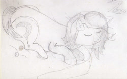 Size: 1918x1192 | Tagged: safe, artist:zenco, derpibooru import, oc, oc:anon filly, bed, black and white, cute, female, filly, foal, grayscale, monochrome, onomatopoeia, pencil, sleeping, sound effects, traditional art, zzz