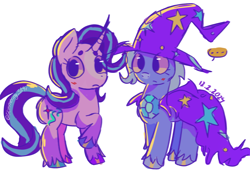 Size: 1600x1100 | Tagged: artist needed, safe, derpibooru import, starlight glimmer, trixie, g4, blushing, female, hat, lesbian, looking at you, mare, screenshot redraw, shipping, startrix