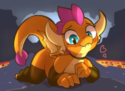 Size: 3000x2183 | Tagged: safe, artist:pabbley, derpibooru import, smolder, dragon, g4, cave, choker, clothes, colored, cute, fangs, heart, lava, looking at you, lying down, prone, raised tail, shading, smiling, smolderbetes, solo, stockings, tail, thigh highs