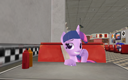 Size: 1920x1200 | Tagged: safe, artist:puzzlshield2, derpibooru import, twilight sparkle, twilight sparkle (alicorn), alicorn, pony, g4, season 6, the saddle row review, 2d to 3d, 3d, comedy, crossover, cute, diner, grin, mmd, my little pony: friendship is magic, recreation, sitting, smg3, smg4, smiling, twilight being twilight, watching from a distance