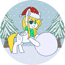 Size: 1089x1086 | Tagged: safe, artist:angie imagines, derpibooru import, oc, oc only, oc:swift wing, pegasus, pony, blonde, blonde hair, christmas, clothes, eyepatch, female, hat, holiday, partially transparent background, pegasus oc, pine tree, santa hat, scarf, snow, snowball, snowfall, solo, tree, winter, winter outfit