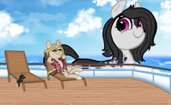 Size: 1781x1098 | Tagged: safe, artist:nootaz, derpibooru import, oc, oc only, oc:elinvar, oc:inkenel, oc:oretha, pony, unicorn, beach chair, chair, cruise ship, horn, ocean, relaxing, swimming, water