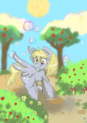 Size: 992x1403 | Tagged: safe, artist:anykoe, derpibooru import, derpy hooves, pegasus, g4, bubble, cute, derp, female, flower, flying, forest background, signature, smiling, solo