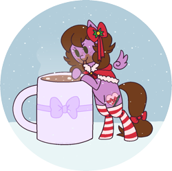 Size: 1089x1086 | Tagged: safe, artist:angie imagines, derpibooru import, oc, oc only, oc:befish, pegasus, pony, bipedal, bow, chocolate, clothes, coat, commission, female, floating wings, food, hair bow, hot chocolate, jacket, mare, messy, mug, pegasus oc, snow, snowfall, socks, solo, striped socks, tail, tail bow, wings, winter, winter outfit