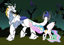 Size: 1414x1000 | Tagged: safe, artist:zetikoopa, derpibooru import, prince blueblood, princess celestia, alicorn, g4, female, male, mare, monster prince blueblood, sad, species swap