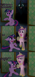 Size: 1479x3240 | Tagged: safe, artist:agreylongma, derpibooru import, princess cadance, queen chrysalis, twilight sparkle, twilight sparkle (alicorn), alicorn, changeling, changeling queen, pony, g4, colored wings, comic, crown, dialogue, door, fangs, female, folded wings, glowing, glowing eyes, hoof shoes, jewelry, mare, multicolored hair, multicolored wings, peytral, princess shoes, regalia, sharp teeth, teeth, text, wings