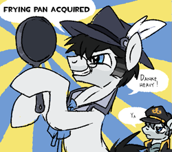 Size: 557x493 | Tagged: safe, artist:muffinz, derpibooru import, oc, oc only, oc:fatal fix, earth pony, pony, clothes, duo, frying pan, glasses, hat, heavy (tf2), medic (tf2), military uniform, team fortress 2, uniform