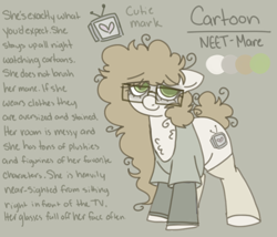 Size: 700x600 | Tagged: safe, artist:php193, derpibooru import, oc, oc only, oc:cartoon, earth pony, bags under eyes, frizzy hair, glasses, long mane, neet, reference sheet, tail, tail bun