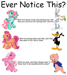 Size: 1777x1992 | Tagged: safe, derpibooru import, edit, minty, pinkie pie (g3), sparkleworks, bird, duck, earth pony, pig, pony, rabbit, g3, animal, black text, bugs bunny, coincidence, daffy duck, female, looney tunes, low effort, male, mare, merrie melodies, porky pig, simple background, text, white background