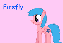 Size: 1310x911 | Tagged: safe, artist:robertwilliams2006, derpibooru import, firefly, pegasus, pony, g1, g4, blue text, closed mouth, cute, female, flyabetes, folded wings, g1 to g4, generation leap, mare, pink background, simple background, smiling, solo, text, wings