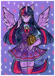 Size: 2567x3542 | Tagged: safe, artist:seuris1, derpibooru import, twilight sparkle, twilight sparkle (alicorn), alicorn, anthro, g4, clothes, female, glasses, human facial structure, looking at you, mismatched socks, skirt, socks, solo, spread wings, wings