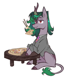 Size: 1724x1994 | Tagged: safe, artist:cowboypony, derpibooru import, oc, oc only, oc:skywell, kirin, pony, chopsticks, clothes, eating, egg (food), food, hard boiled egg, kirin oc, male, necktie, noodles, pizza, ramen, simple background, solo, stallion, suit, table, transparent background